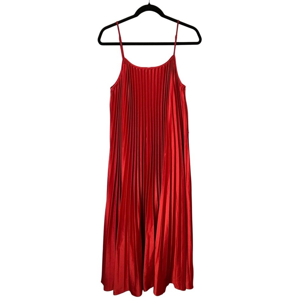 Sam Edelman Plissé Pleated Midi Slip Dress Red Satin Size Large *No Belt